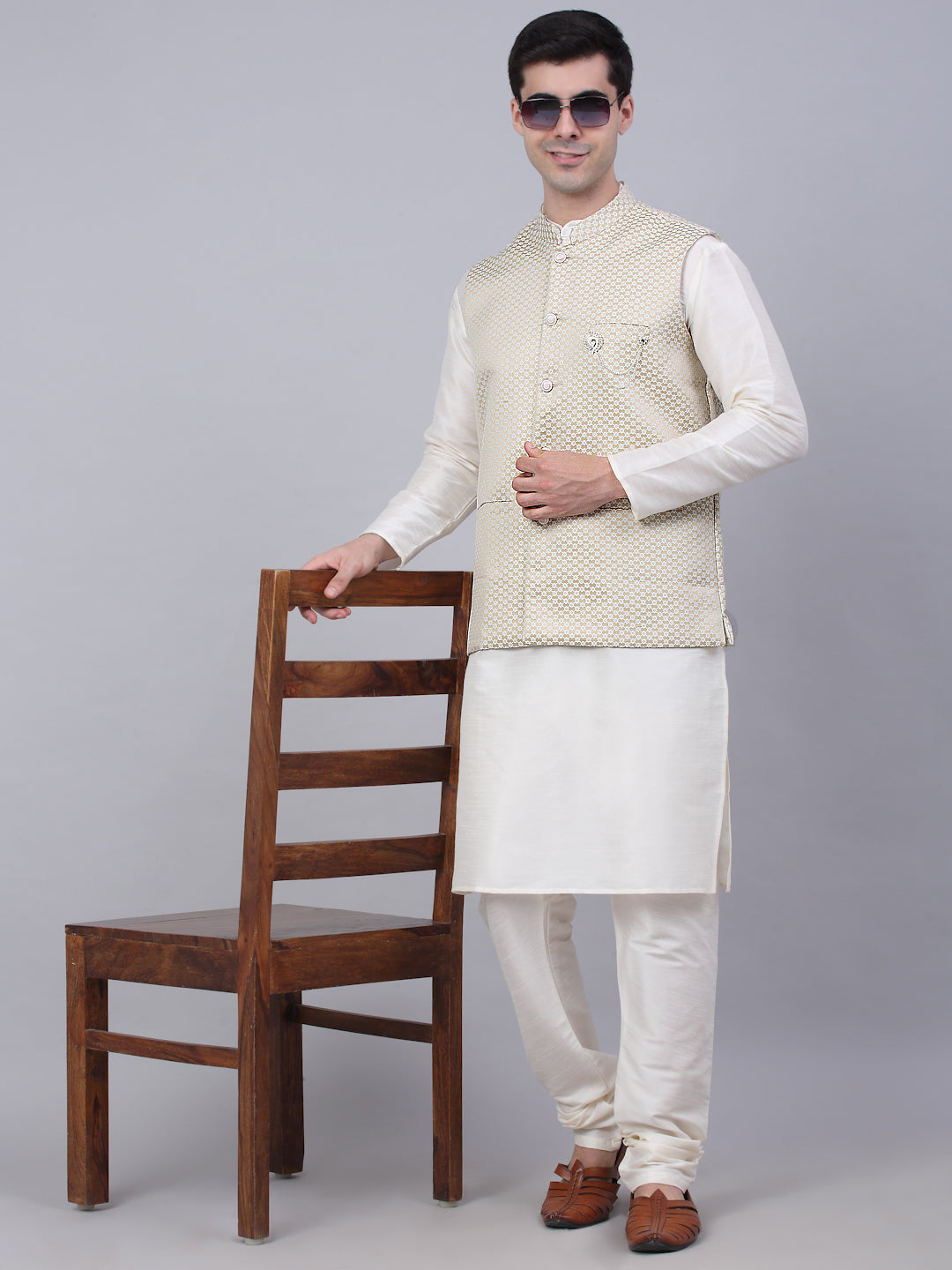 Jompers Men's Solid Kurta Pyjama With Woven Design Nehru Jacket - Beige - Distacart