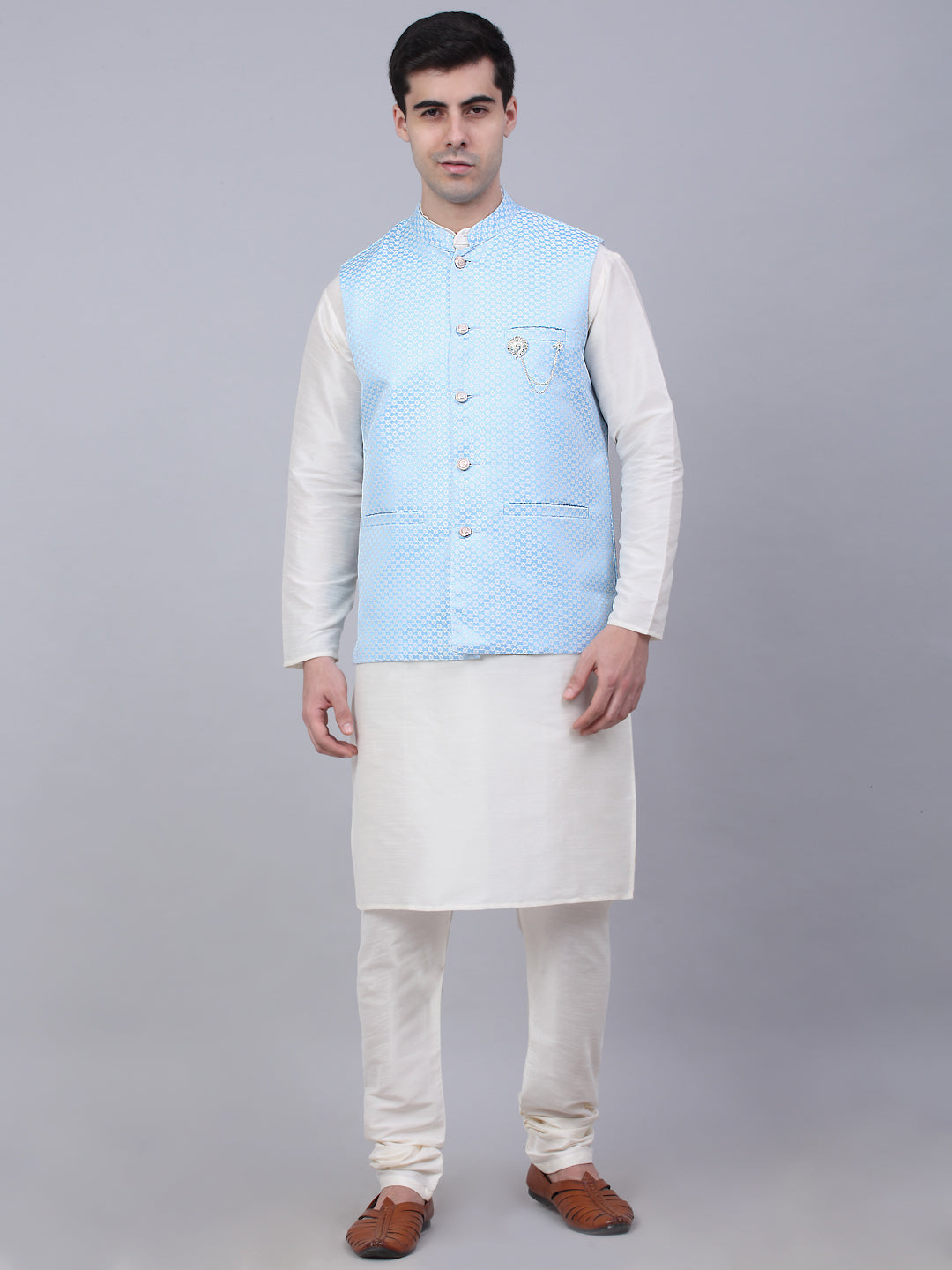 Jompers Men's Solid Kurta Pyjama With Woven Design Nehru Jacket - Blue - Distacart