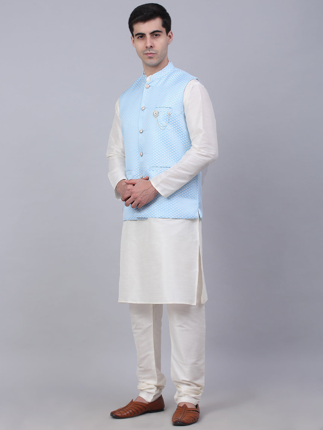 Jompers Men's Solid Kurta Pyjama With Woven Design Nehru Jacket - Blue - Distacart