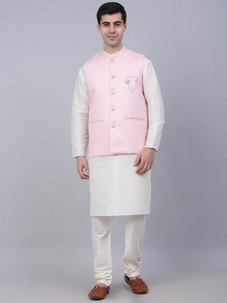 Jompers Men's Solid Kurta Pyjama With Woven Design Nehru Jacket - Pink - Distacart