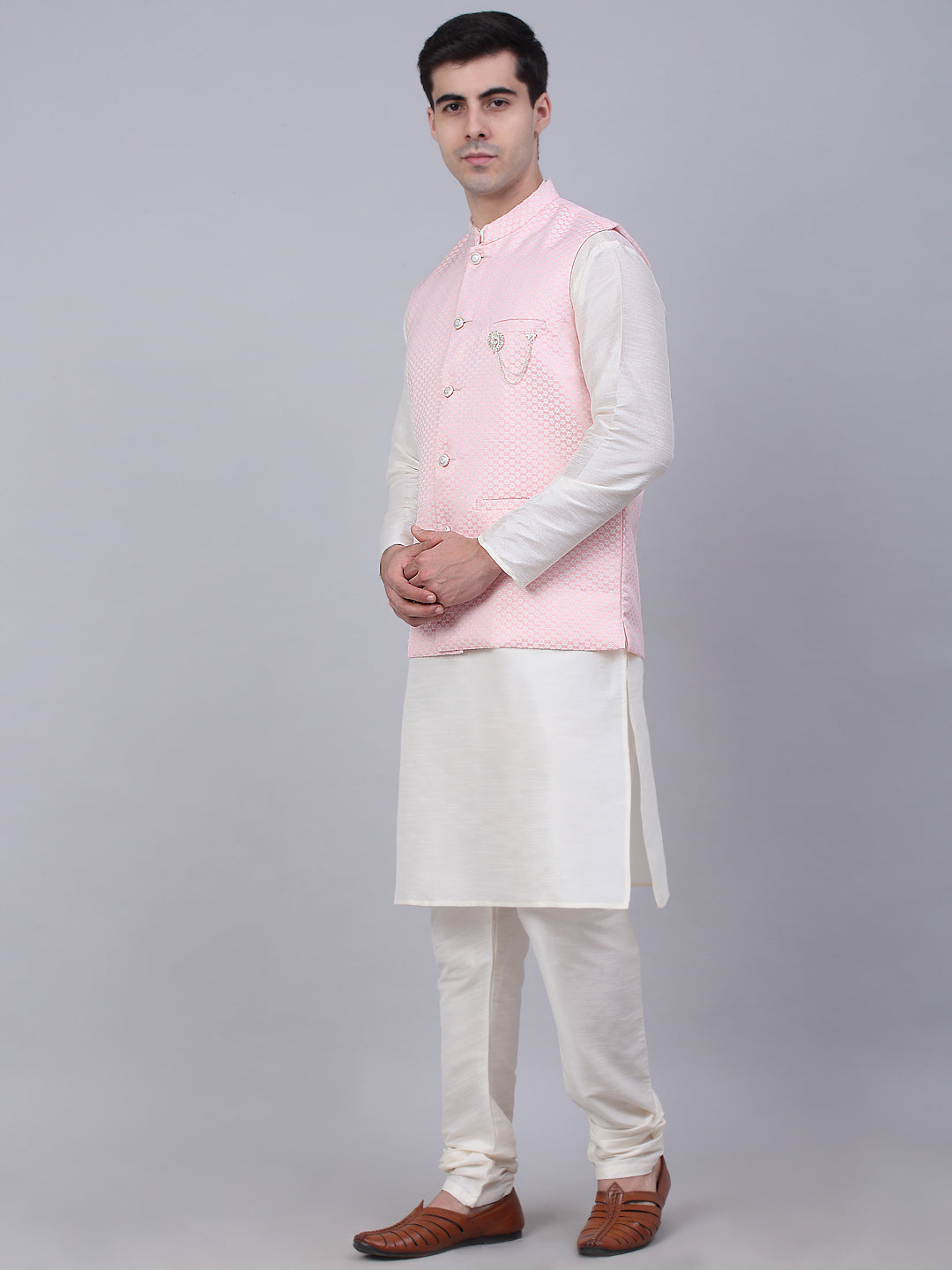 Jompers Men's Solid Kurta Pyjama With Woven Design Nehru Jacket - Pink - Distacart