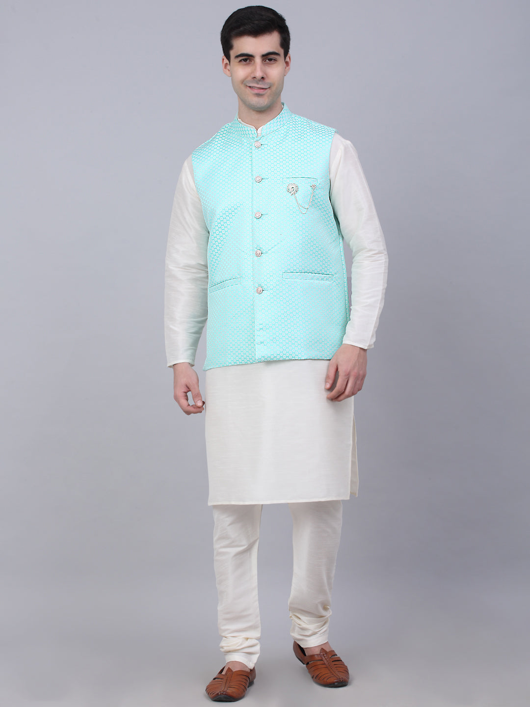 Jompers Men's Solid Kurta Pyjama With Woven Design Nehru Jacket - Sky Blue - Distacart