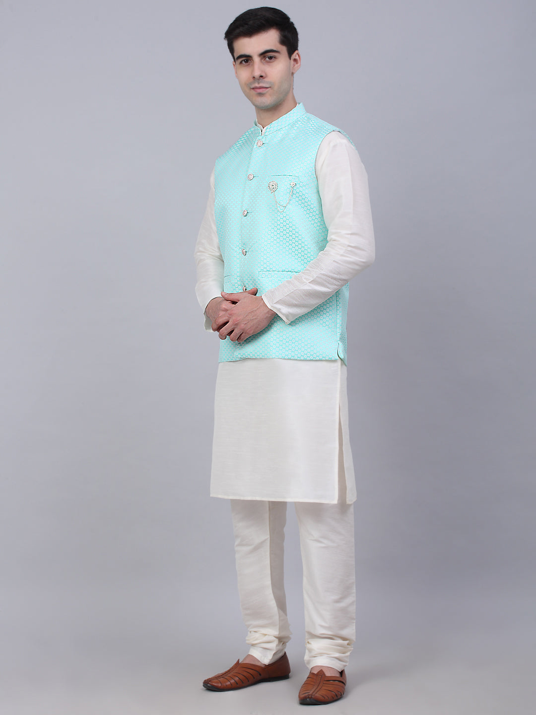 Jompers Men's Solid Kurta Pyjama With Woven Design Nehru Jacket - Sky Blue - Distacart