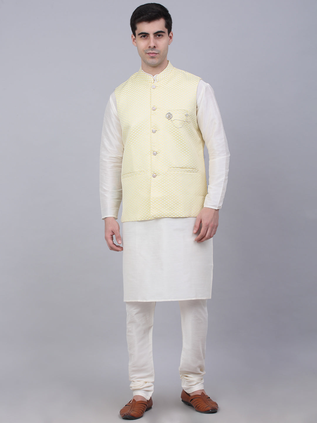 Jompers Men's Solid Kurta Pyjama With Woven Design Nehru Jacket - Yellow - Distacart