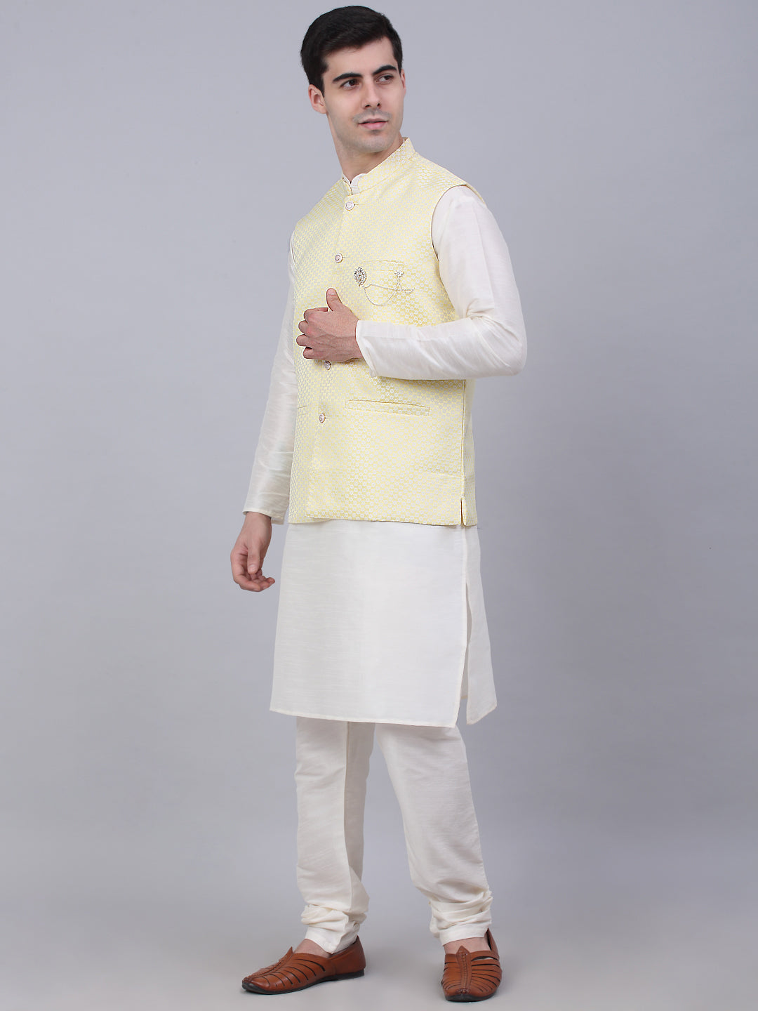 Jompers Men's Solid Kurta Pyjama With Woven Design Nehru Jacket - Yellow - Distacart