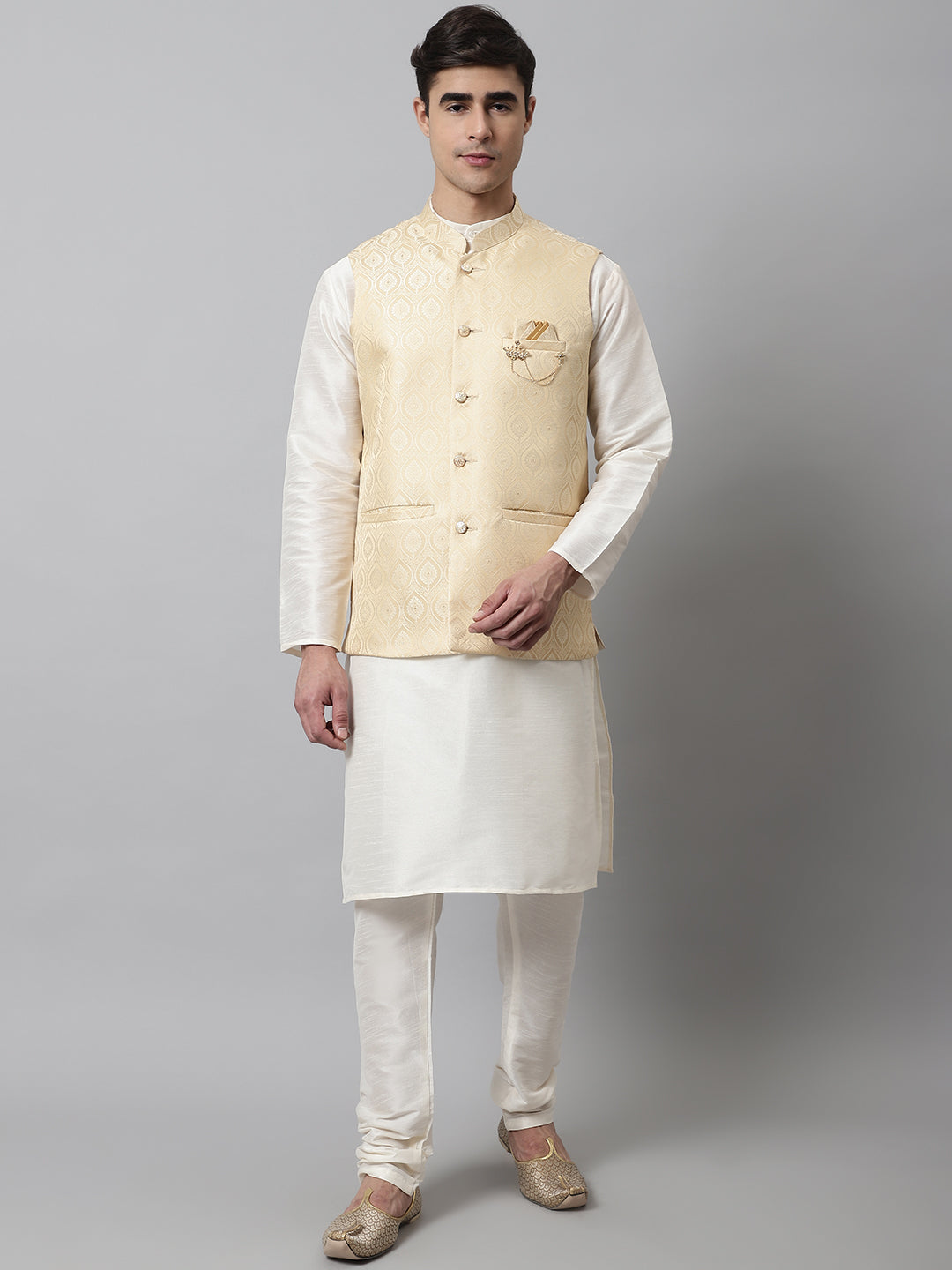 Jompers Men's Off White Solid Kurta Pyjama with Golden Woven Design Nehru Jacket - Distacart