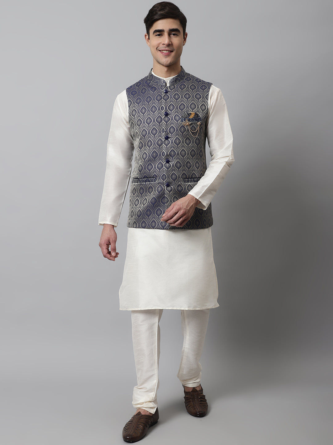 Jompers Men's Off White Solid Kurta Pyjama with Navy Blue Woven Design Nehru Jacket - Distacart