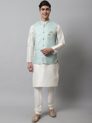 Jompers Men's Off White Solid Kurta Pyjama with Sky Blue Woven Design Nehru Jacket - Distacart