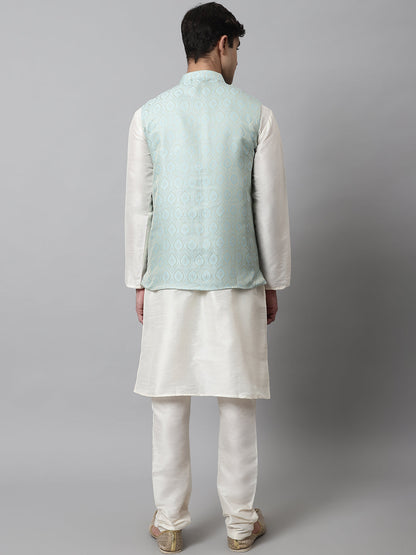 Jompers Men's Off White Solid Kurta Pyjama with Sky Blue Woven Design Nehru Jacket - Distacart