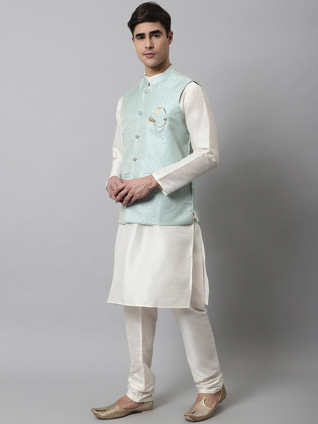Jompers Men's Off White Solid Kurta Pyjama with Sky Blue Woven Design Nehru Jacket - Distacart