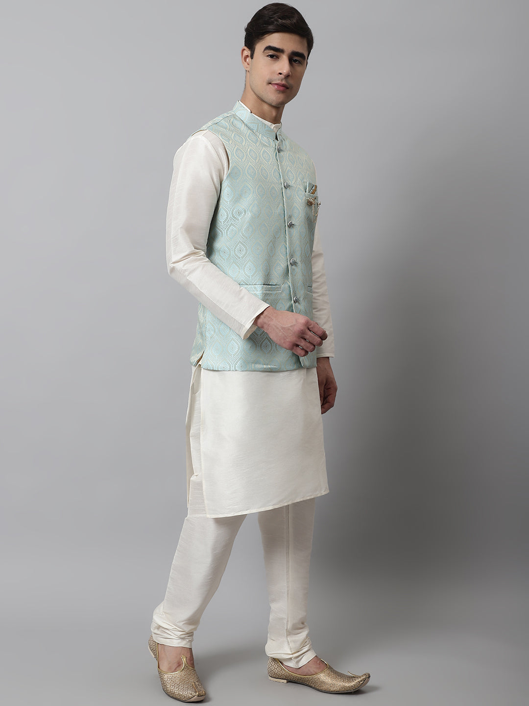 Jompers Men's Off White Solid Kurta Pyjama with Sky Blue Woven Design Nehru Jacket - Distacart