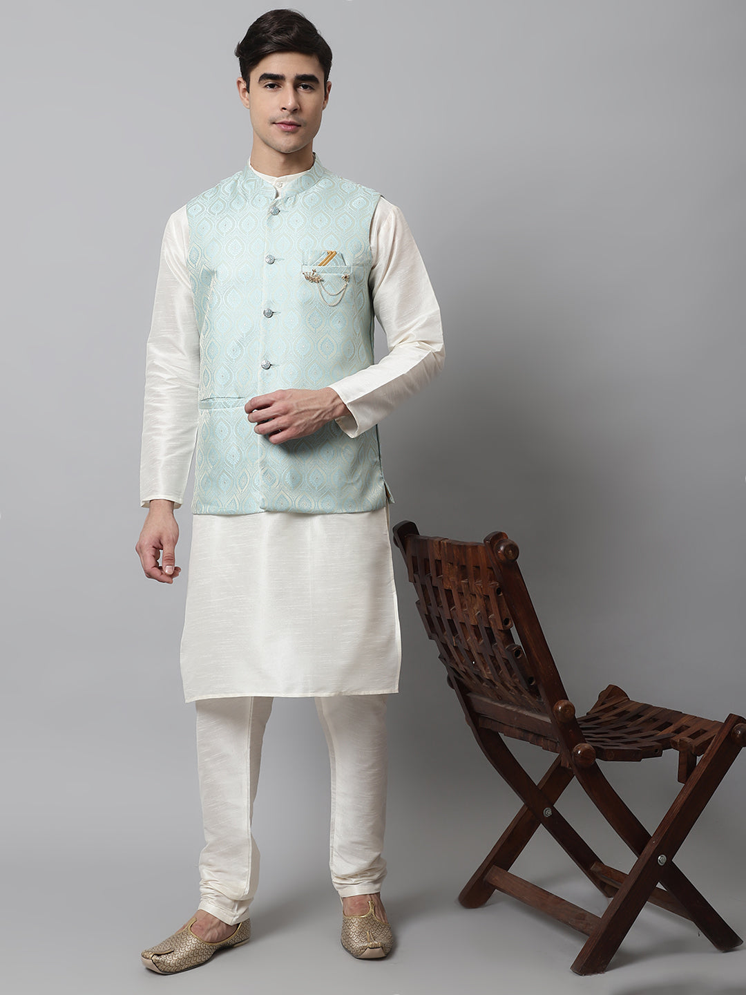 Jompers Men's Off White Solid Kurta Pyjama with Sky Blue Woven Design Nehru Jacket - Distacart