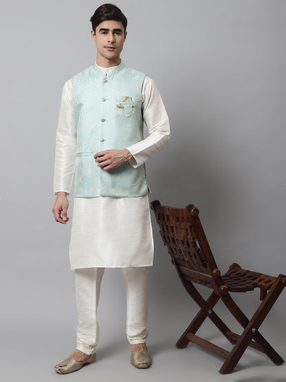 Jompers Men's Off White Solid Kurta Pyjama with Sky Blue Woven Design Nehru Jacket - Distacart