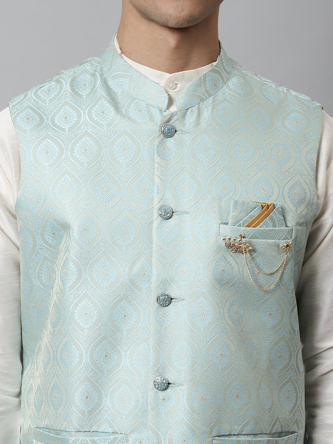 Jompers Men's Off White Solid Kurta Pyjama with Sky Blue Woven Design Nehru Jacket - Distacart