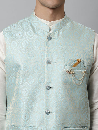 Jompers Men's Off White Solid Kurta Pyjama with Sky Blue Woven Design Nehru Jacket - Distacart