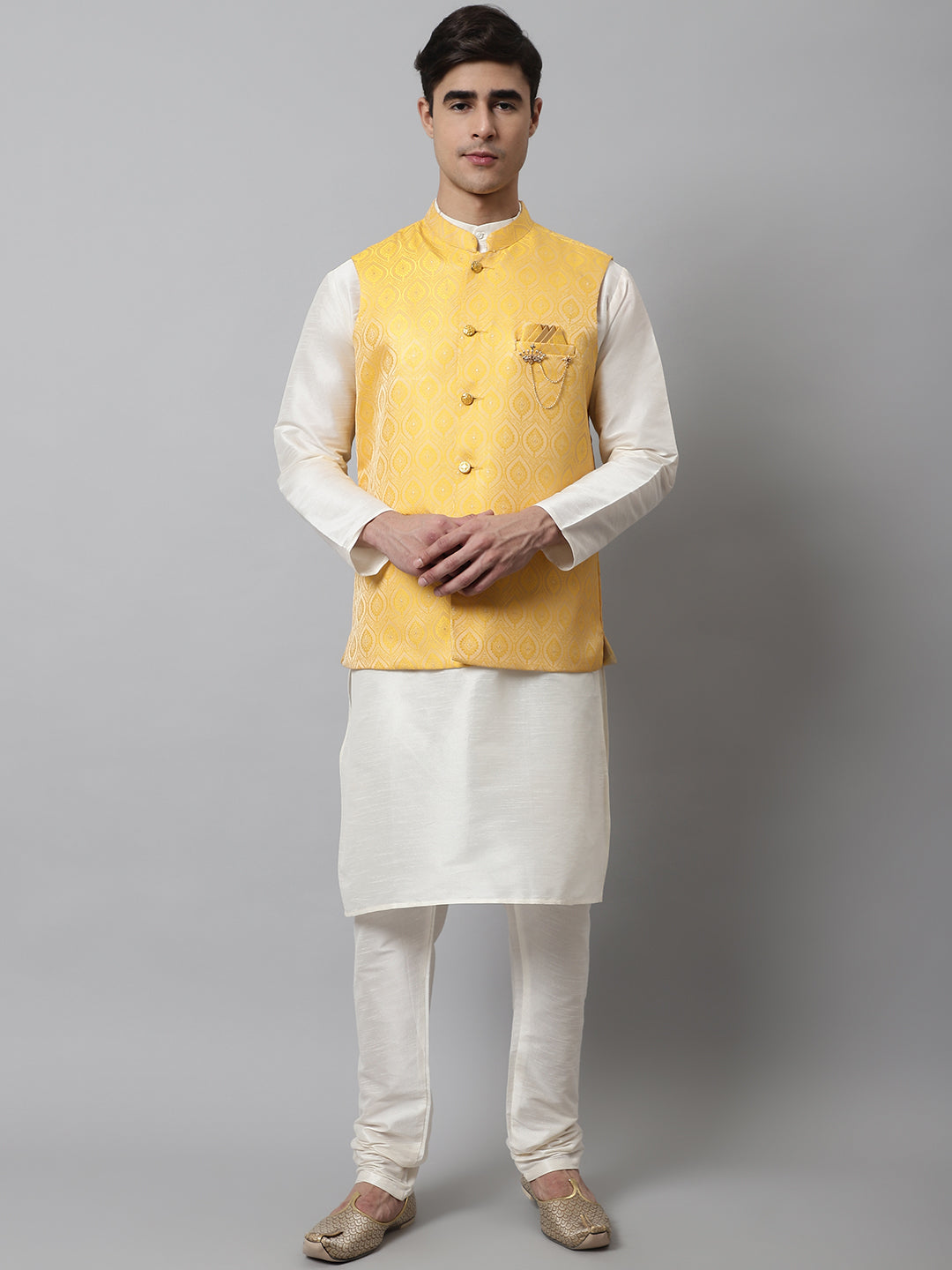 Jompers Men's Off White Solid Kurta Pyjama with Yellow Woven Design Nehru Jacket - Distacart