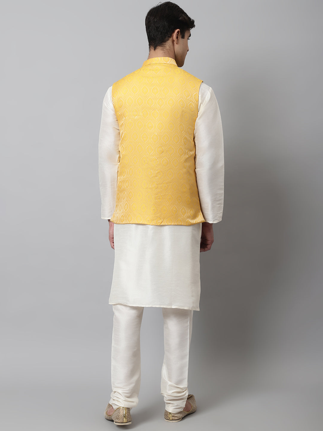 Jompers Men's Off White Solid Kurta Pyjama with Yellow Woven Design Nehru Jacket - Distacart