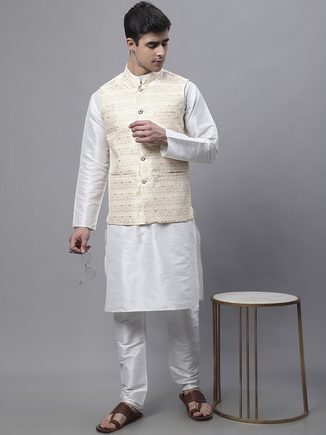 Jompers Men's off-White Solid Kurta Pyjama with Golden Woven Design Nehru Jacket - Distacart