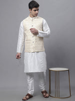 Thumbnail for Jompers Men's off-White Solid Kurta Pyjama with Golden Woven Design Nehru Jacket - Distacart