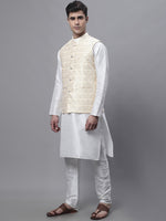 Thumbnail for Jompers Men's off-White Solid Kurta Pyjama with Golden Woven Design Nehru Jacket - Distacart