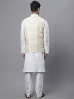 Thumbnail for Jompers Men's off-White Solid Kurta Pyjama with Golden Woven Design Nehru Jacket - Distacart