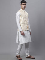 Thumbnail for Jompers Men's off-White Solid Kurta Pyjama with Golden Woven Design Nehru Jacket - Distacart