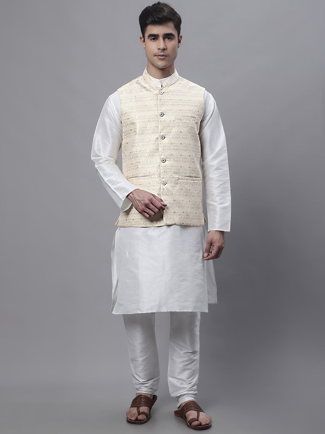 Jompers Men's off-White Solid Kurta Pyjama with Golden Woven Design Nehru Jacket - Distacart