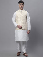 Thumbnail for Jompers Men's off-White Solid Kurta Pyjama with Golden Woven Design Nehru Jacket - Distacart