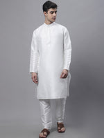 Thumbnail for Jompers Men's off-White Solid Kurta Pyjama with Golden Woven Design Nehru Jacket - Distacart