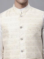 Thumbnail for Jompers Men's off-White Solid Kurta Pyjama with Golden Woven Design Nehru Jacket - Distacart