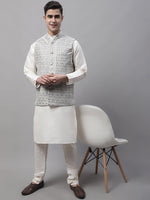 Thumbnail for Jompers Men's off-White Solid Kurta Pyjama with Grey Woven Design Nehru Jacket - Distacart