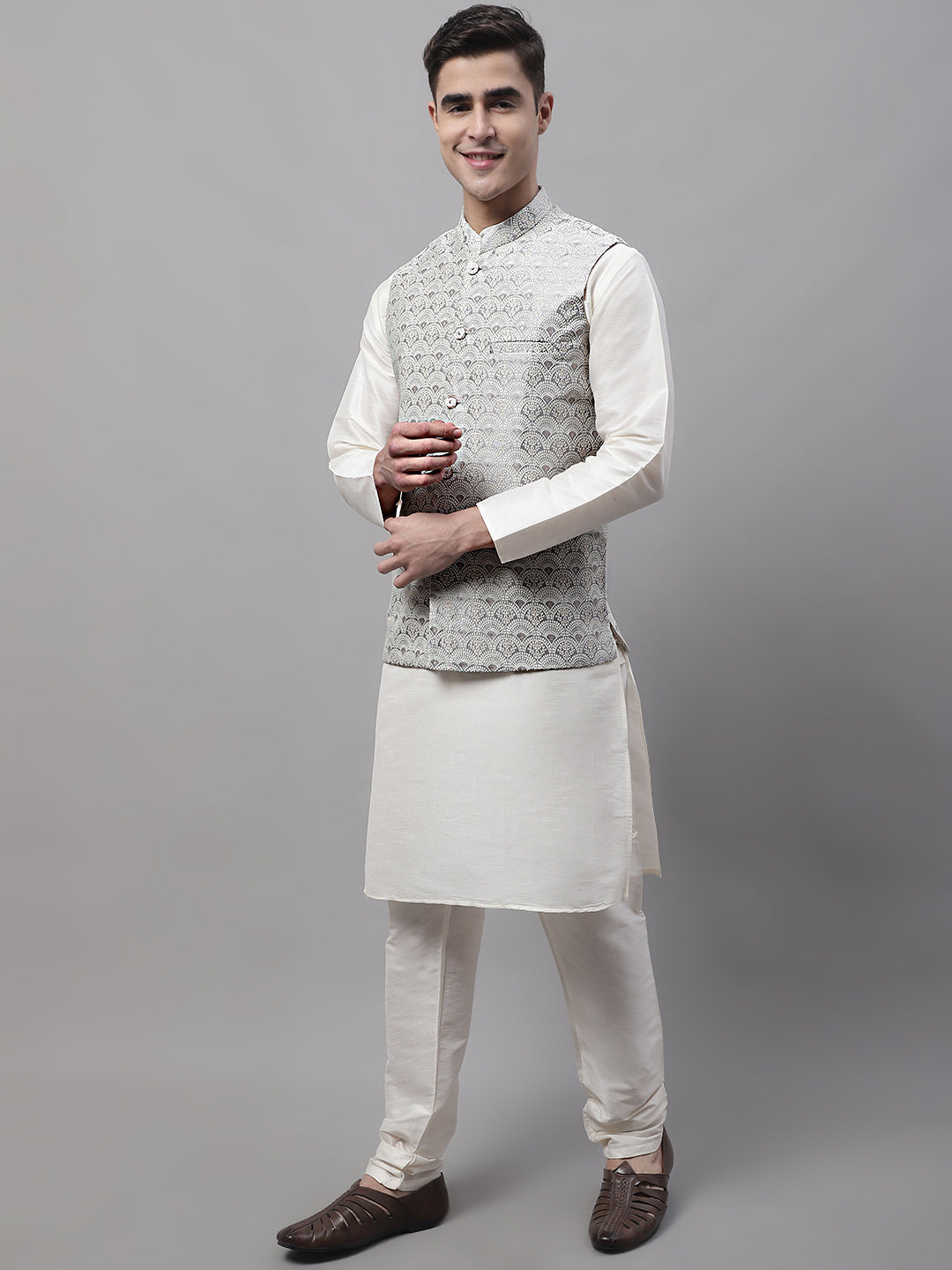 Jompers Men's off-White Solid Kurta Pyjama with Grey Woven Design Nehru Jacket - Distacart
