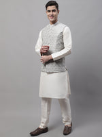 Thumbnail for Jompers Men's off-White Solid Kurta Pyjama with Grey Woven Design Nehru Jacket - Distacart