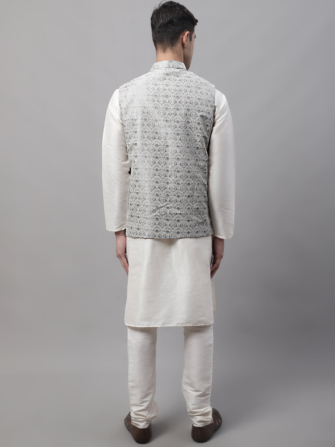 Jompers Men's off-White Solid Kurta Pyjama with Grey Woven Design Nehru Jacket - Distacart
