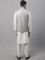 Thumbnail for Jompers Men's off-White Solid Kurta Pyjama with Grey Woven Design Nehru Jacket - Distacart