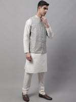 Thumbnail for Jompers Men's off-White Solid Kurta Pyjama with Grey Woven Design Nehru Jacket - Distacart