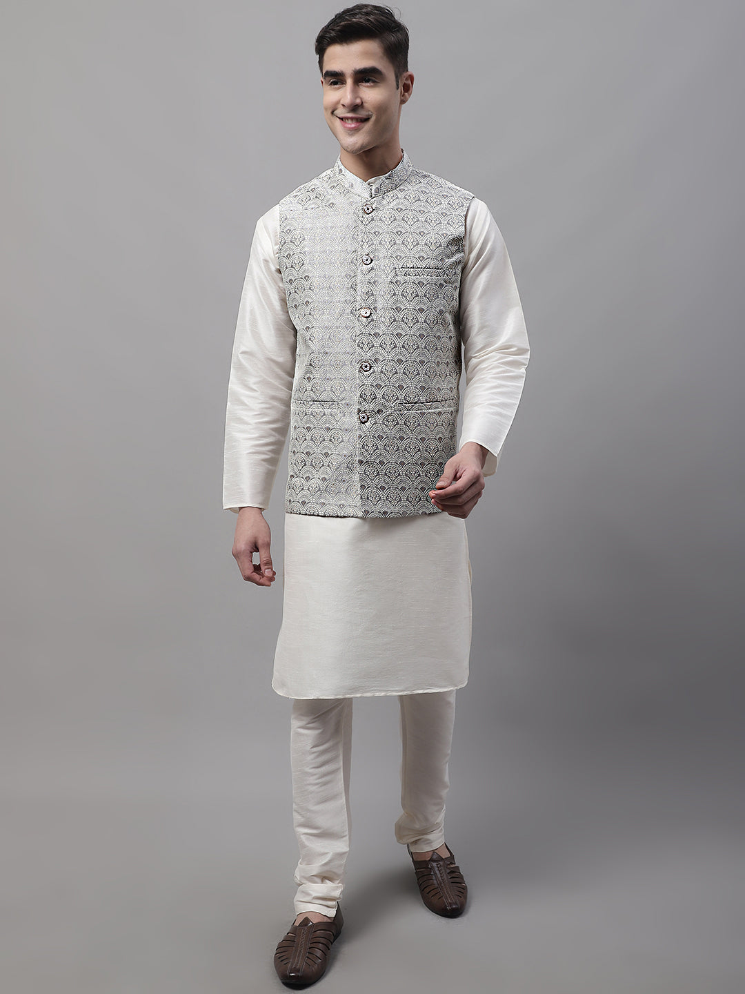 Jompers Men's off-White Solid Kurta Pyjama with Grey Woven Design Nehru Jacket - Distacart