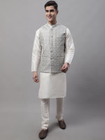 Thumbnail for Jompers Men's off-White Solid Kurta Pyjama with Grey Woven Design Nehru Jacket - Distacart