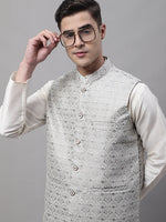 Thumbnail for Jompers Men's off-White Solid Kurta Pyjama with Grey Woven Design Nehru Jacket - Distacart