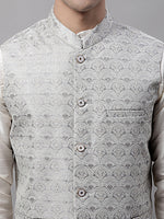 Thumbnail for Jompers Men's off-White Solid Kurta Pyjama with Grey Woven Design Nehru Jacket - Distacart