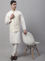 Thumbnail for Jompers Men's off-White Solid Kurta Pyjama with Cream Woven Design Nehru Jacket - Distacart
