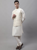 Thumbnail for Jompers Men's off-White Solid Kurta Pyjama with Cream Woven Design Nehru Jacket - Distacart