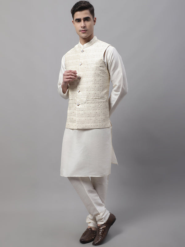Jompers Men's off-White Solid Kurta Pyjama with Cream Woven Design Nehru Jacket - Distacart