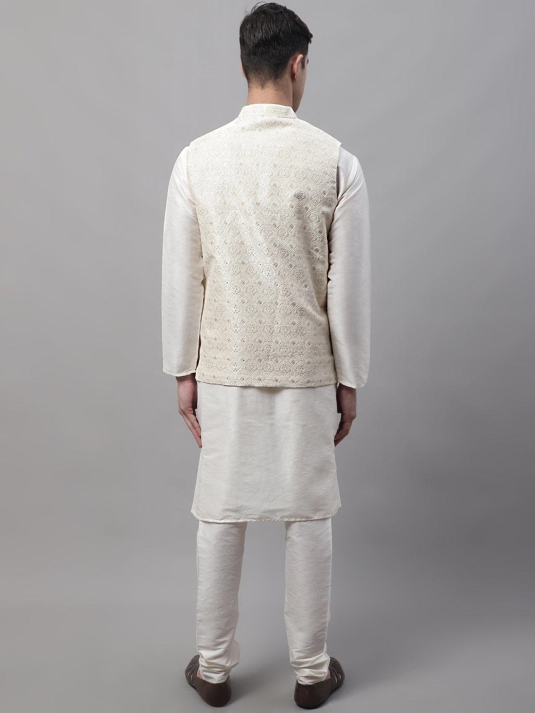 Jompers Men's off-White Solid Kurta Pyjama with Cream Woven Design Nehru Jacket - Distacart