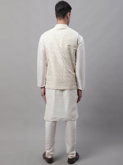 Jompers Men's off-White Solid Kurta Pyjama with Cream Woven Design Nehru Jacket - Distacart