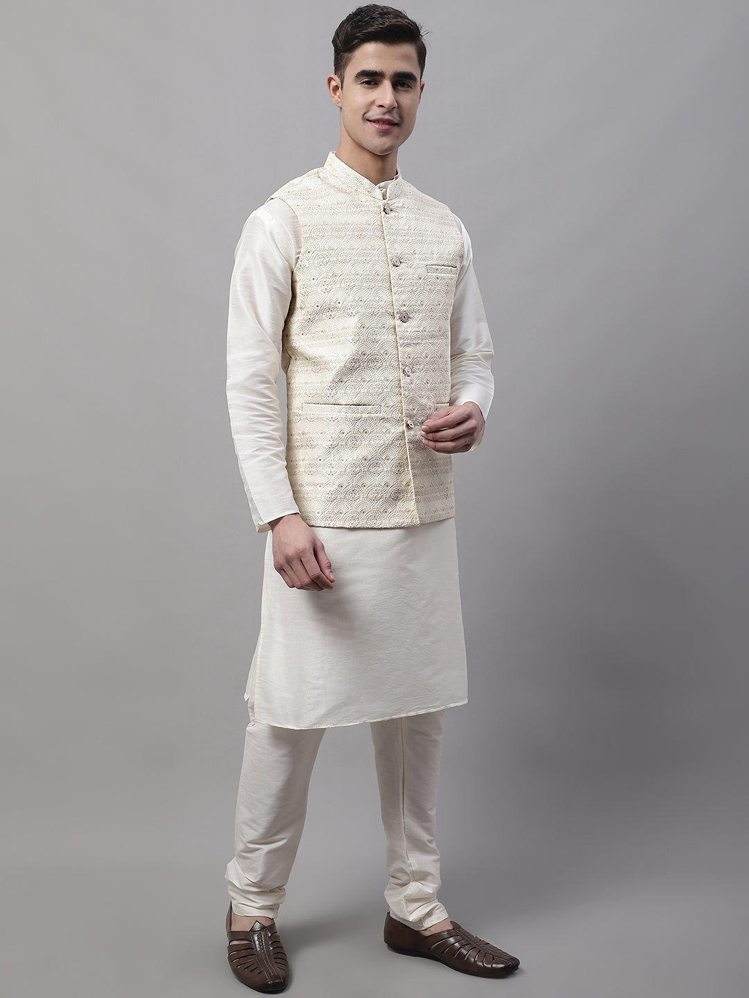 Jompers Men's off-White Solid Kurta Pyjama with Cream Woven Design Nehru Jacket - Distacart