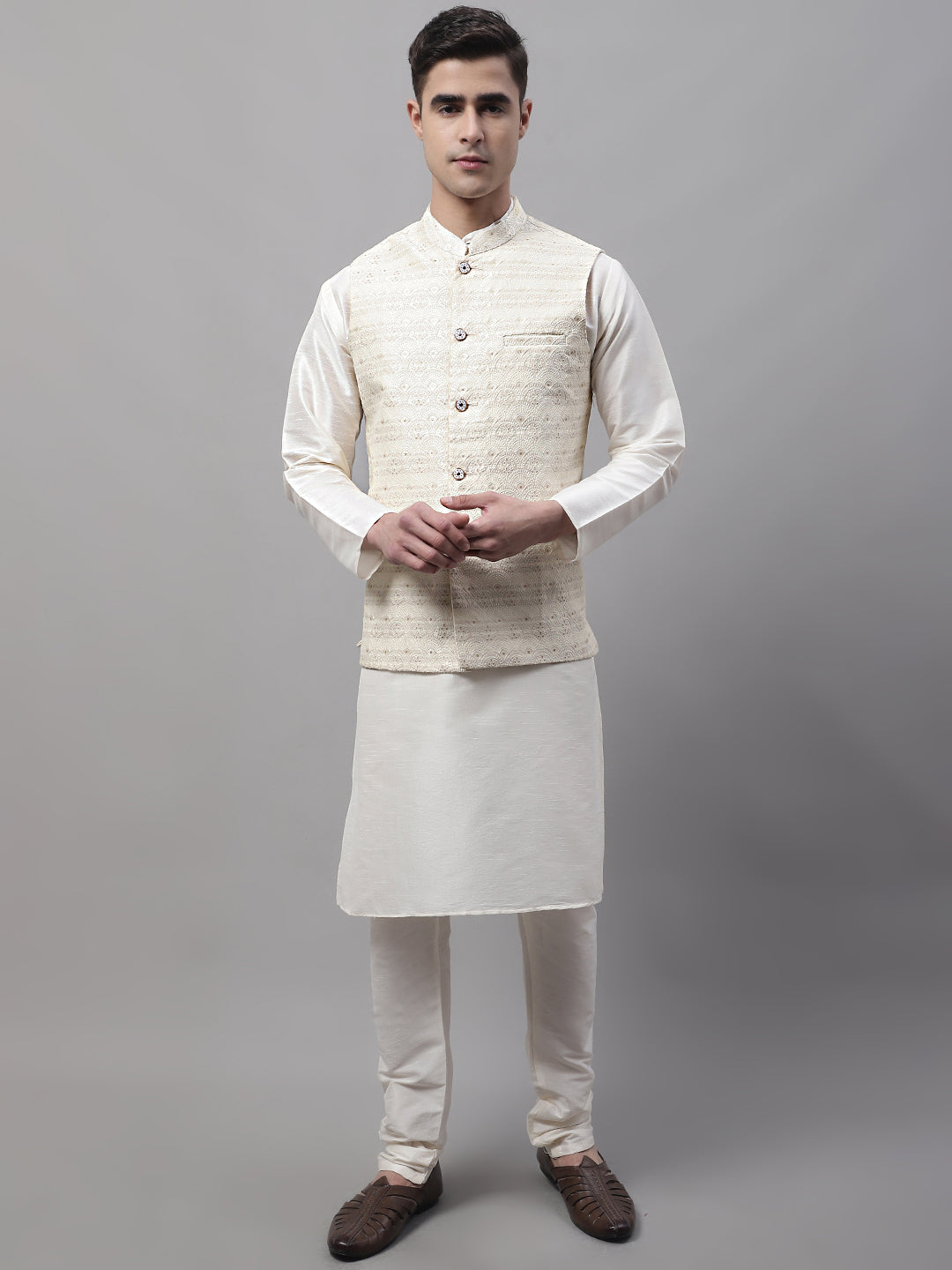 Jompers Men's off-White Solid Kurta Pyjama with Cream Woven Design Nehru Jacket - Distacart