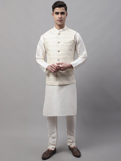 Jompers Men's off-White Solid Kurta Pyjama with Cream Woven Design Nehru Jacket - Distacart