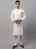 Thumbnail for Jompers Men's off-White Solid Kurta Pyjama with Cream Woven Design Nehru Jacket - Distacart