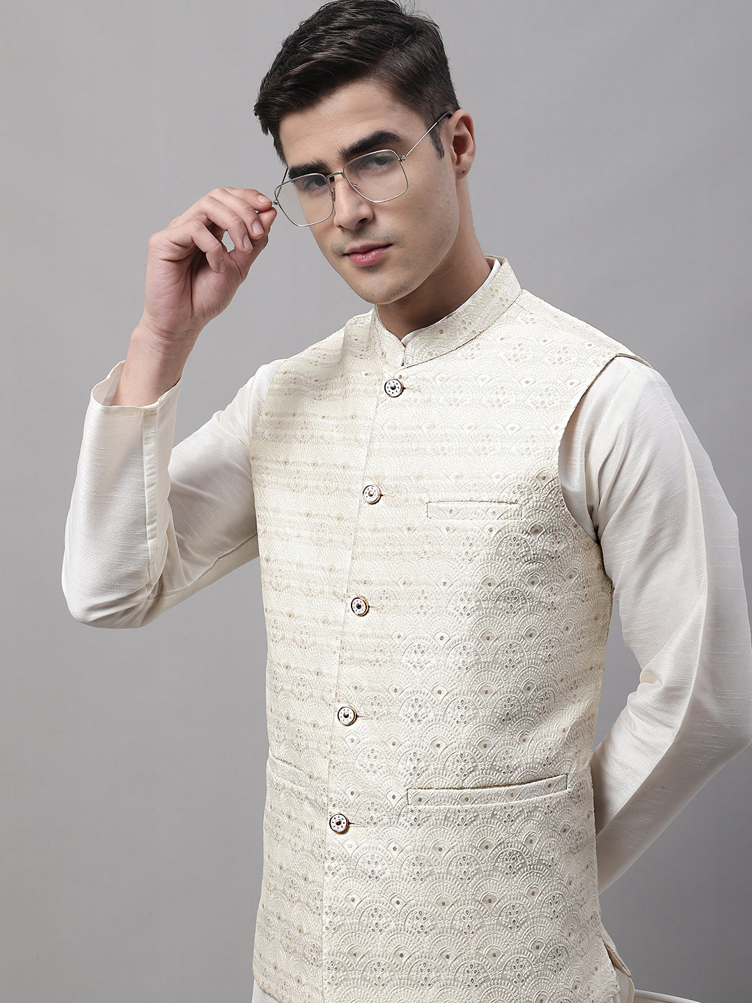 Jompers Men's off-White Solid Kurta Pyjama with Cream Woven Design Nehru Jacket - Distacart